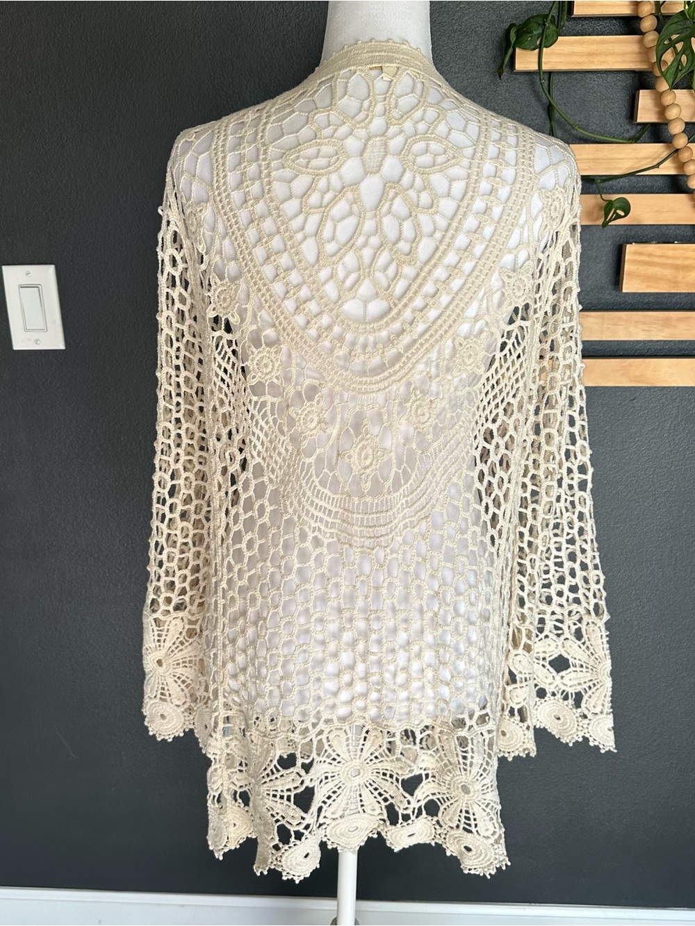 Rebellion Again 100% Cotton Crochet Lace Cardigan XS Boho Open Knit Cream Duster - Picture 6 of 8